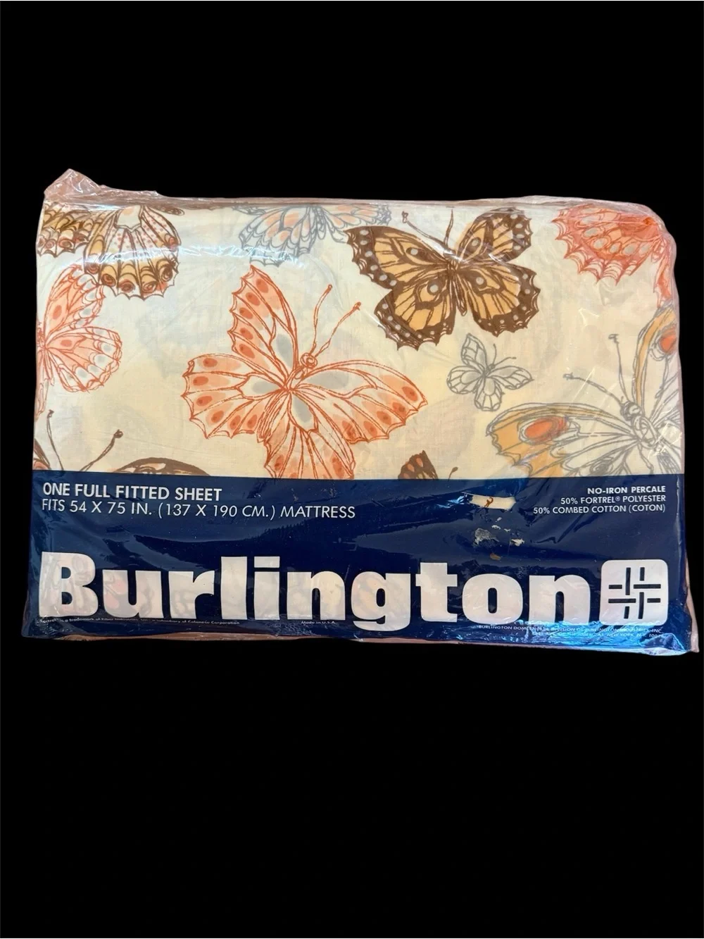 VTG Butterfly-Print Full Sheet Set in Orange, Brown, & Cream - New In Package